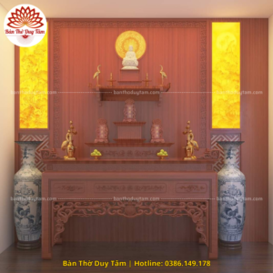 Mẫu phòng thờ đẹp gia tiên chất liệu gỗ sồi, bàn thờ gỗ hiện đại PT104