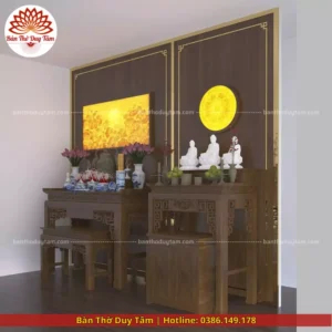 Mẫu phòng thờ đẹp gia tiên chất liệu gỗ sồi, bàn thờ gỗ hiện đại PT112
