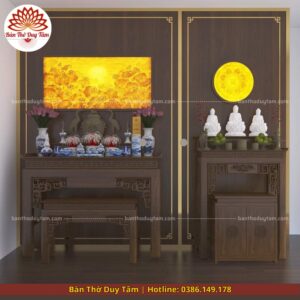 Mẫu phòng thờ đẹp gia tiên chất liệu gỗ sồi, bàn thờ gỗ hiện đại PT112