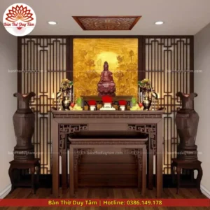 Mẫu phòng thờ đẹp gia tiên chất liệu gỗ sồi, bàn thờ gỗ hiện đại PT114