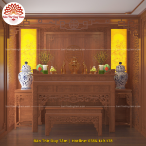 Mẫu phòng thờ đẹp gia tiên chất liệu gỗ sồi, bàn thờ gỗ hiện đại PT12