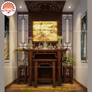 Mẫu phòng thờ đẹp gia tiên chất liệu gỗ sồi, bàn thờ gỗ hiện đại PT140