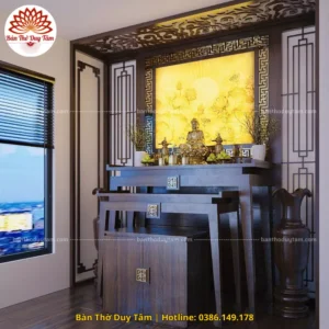 Mẫu phòng thờ đẹp gia tiên chất liệu gỗ sồi, bàn thờ gỗ hiện đại PT20