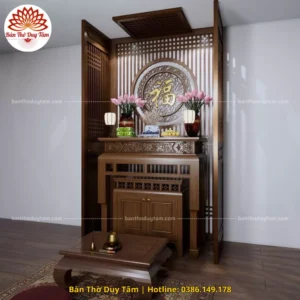 Mẫu phòng thờ đẹp gia tiên chất liệu gỗ sồi, bàn thờ gỗ hiện đại PT21