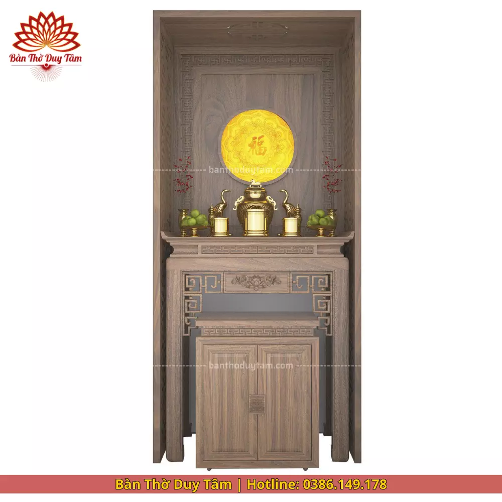 Mẫu phòng thờ đẹp gia tiên chất liệu gỗ sồi, bàn thờ gỗ hiện đại PT27