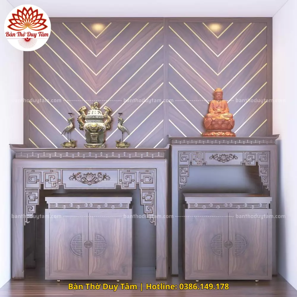 Mẫu phòng thờ đẹp gia tiên chất liệu gỗ sồi, bàn thờ gỗ hiện đại PT47