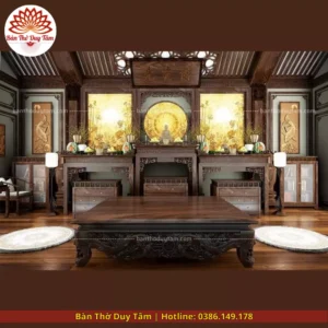 Mẫu phòng thờ đẹp gia tiên chất liệu gỗ sồi, bàn thờ gỗ hiện đại PT52