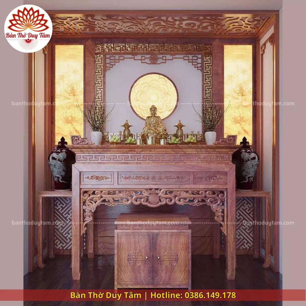 Mẫu phòng thờ đẹp gia tiên chất liệu gỗ sồi, bàn thờ gỗ hiện đại PT56