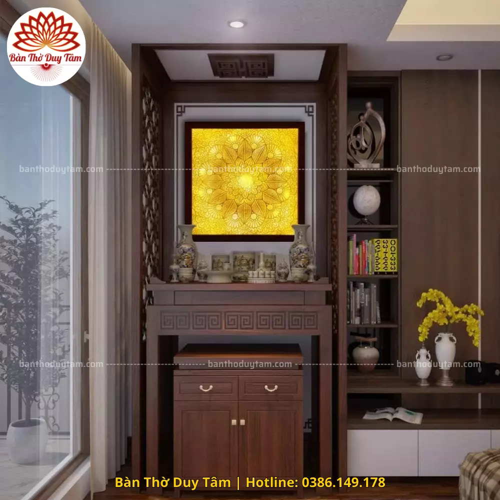 Mẫu phòng thờ đẹp gia tiên chất liệu gỗ sồi, bàn thờ gỗ hiện đại PT57