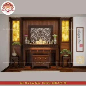 Mẫu phòng thờ đẹp gia tiên chất liệu gỗ sồi, bàn thờ gỗ hiện đại PT60