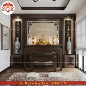 Mẫu phòng thờ đẹp gia tiên chất liệu gỗ sồi, bàn thờ gỗ hiện đại PT64