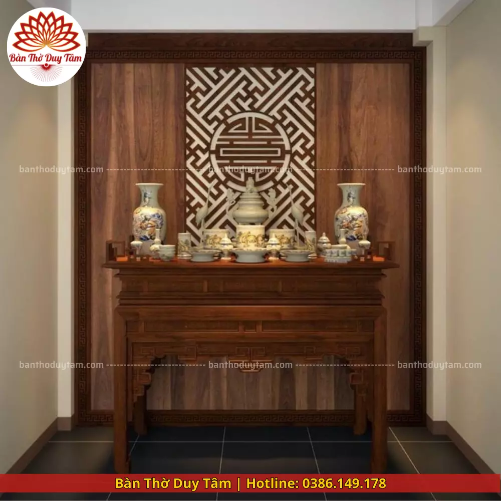 Mẫu phòng thờ đẹp gia tiên chất liệu gỗ sồi, bàn thờ gỗ hiện đại PT67