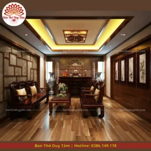 Mẫu phòng thờ đẹp gia tiên chất liệu gỗ sồi, bàn thờ gỗ hiện đại PT74
